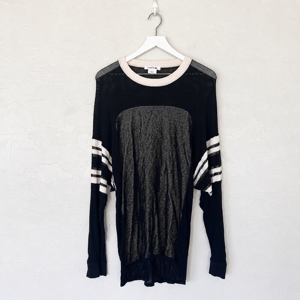 Lacoste Black Sheer Knit Long Sleeve Top with White Trim